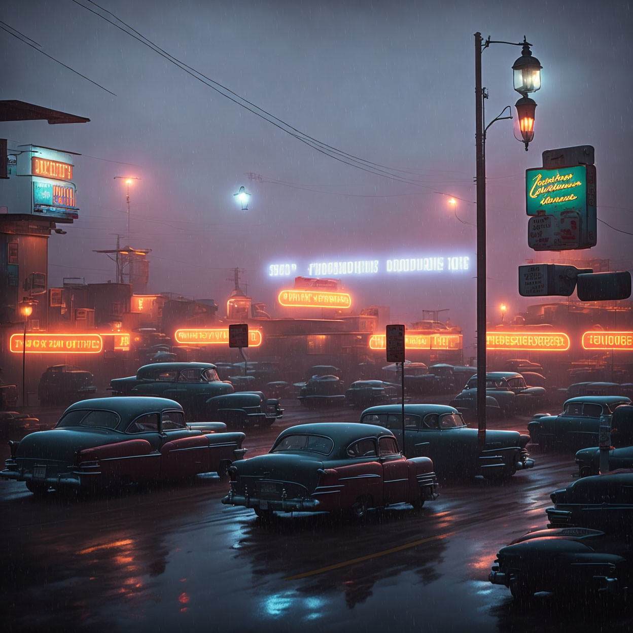 Vintage cars and neon signs in rainy night street scene