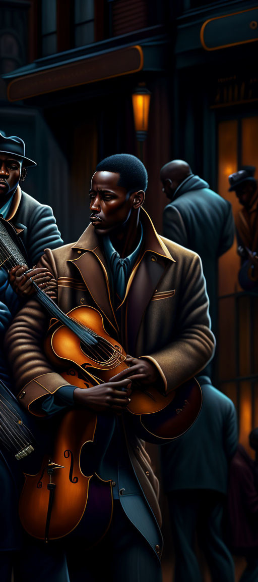 Elegant man with violin in dimly lit street surrounded by musicians