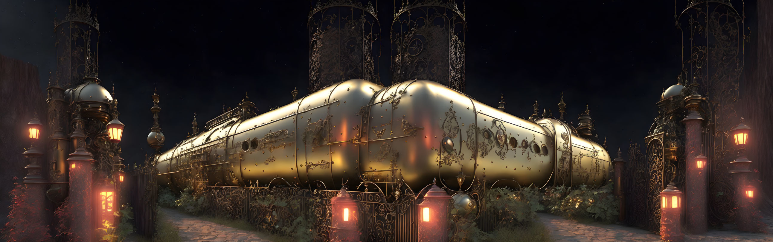 Fantastical golden train at night with glowing lanterns in enchanted scenery