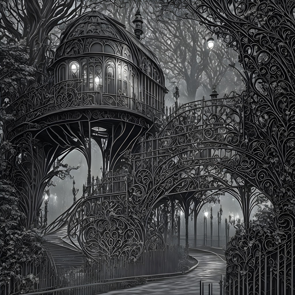 Detailed Monochrome Treehouse Illustration in Whimsical Forest