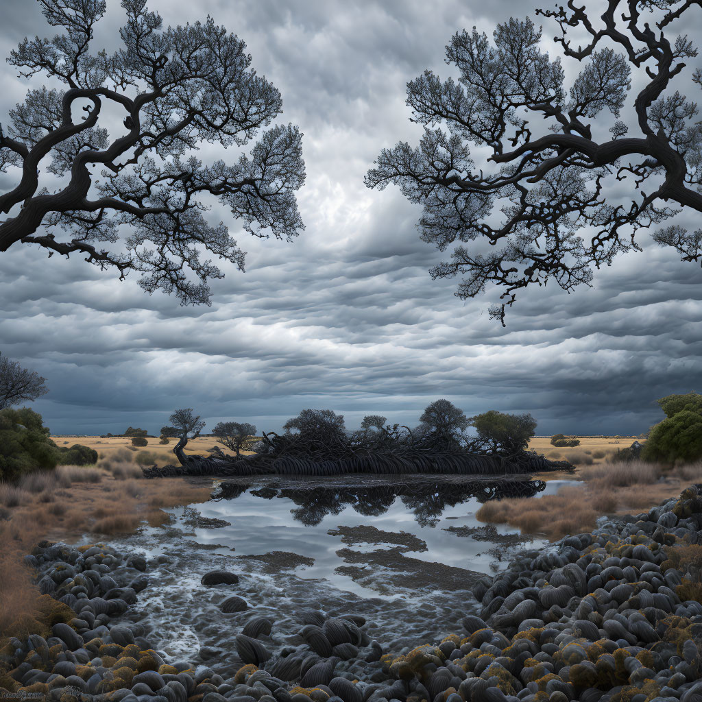 Serene landscape with fallen tree, reflective water, large trees, rocks, and grassy plains