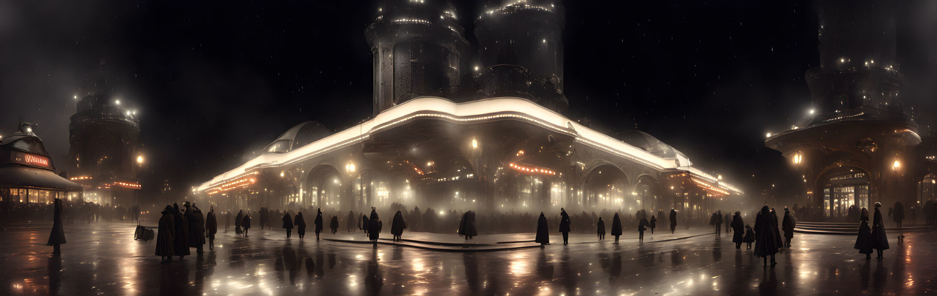 Futuristic cityscape at night with illuminated buildings and silhouetted figures