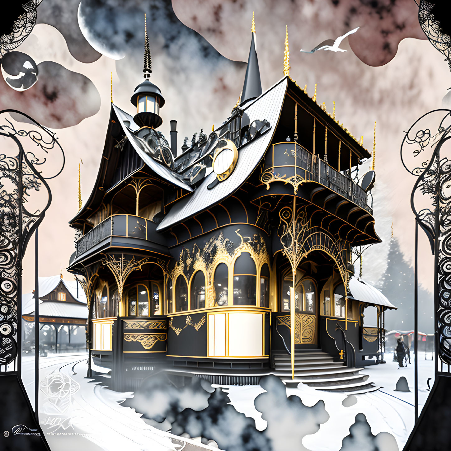 Gothic-style two-story building with gold accents in snowy landscape