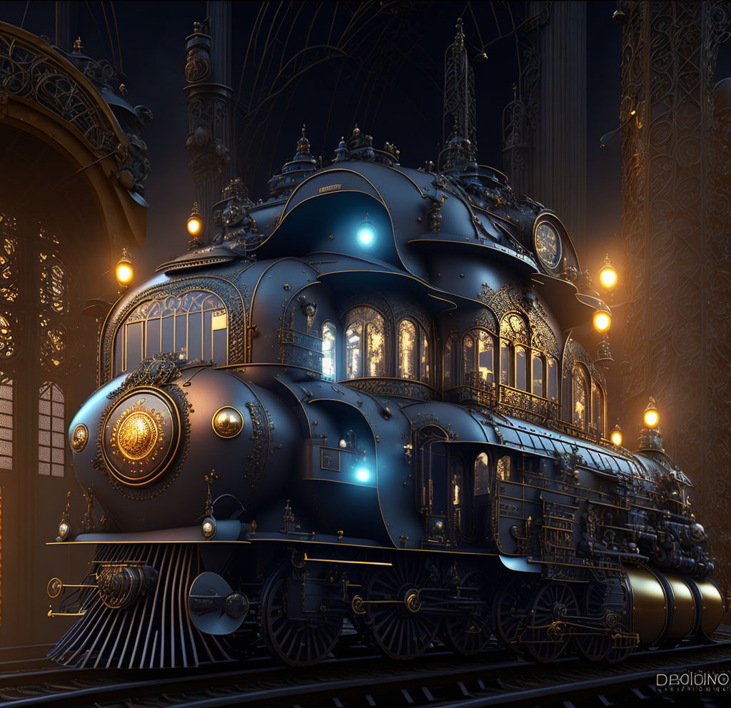 Detailed steampunk train in industrial-victorian station