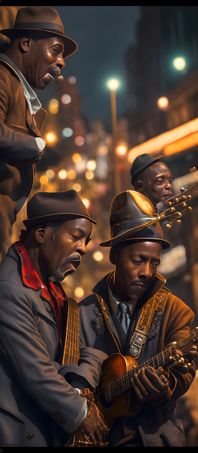 Three jazz musicians performing on city street at night with warm lighting