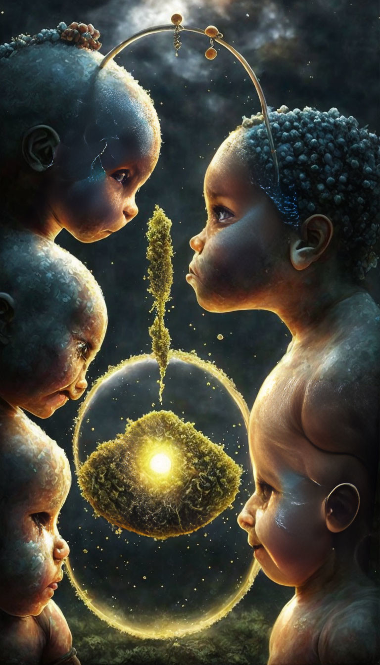 Four children with celestial heads surrounded by stars and cosmic elements