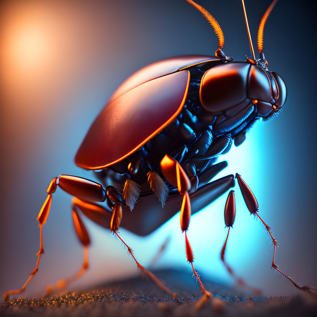 Detailed 3D rendering: Shiny red and black beetle with long antennae in dramatic lighting