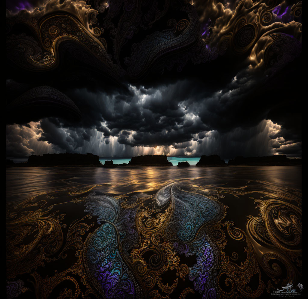 Surreal landscape with ornate swirling patterns under stormy sky