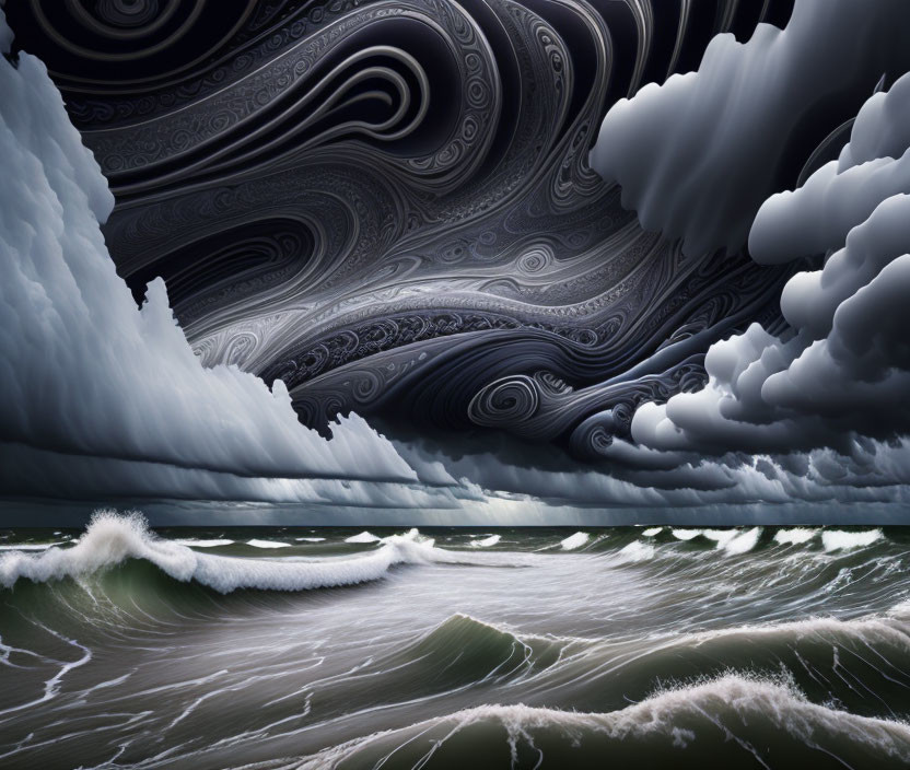 Dramatic surreal seascape with swirling dark clouds and green waves