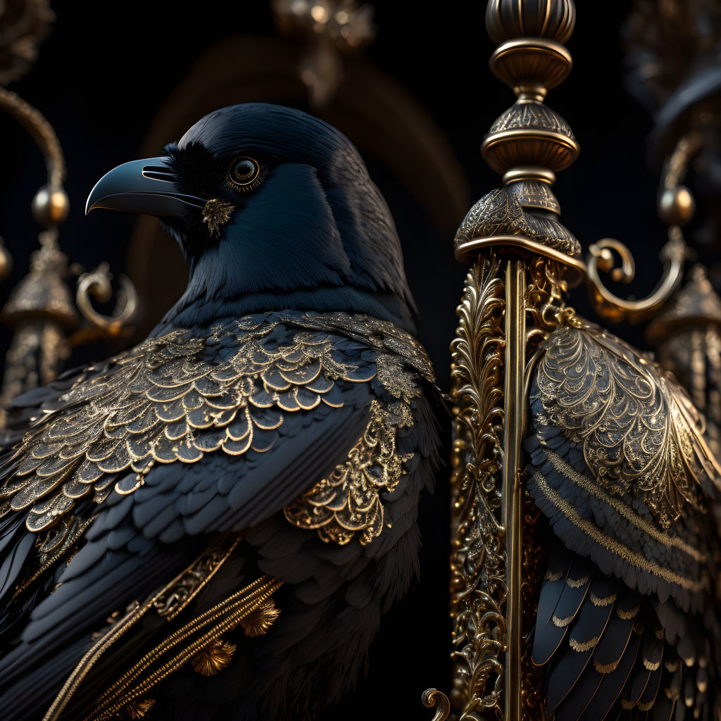 Majestic crow with metallic feathers perched near gold-gilded railings