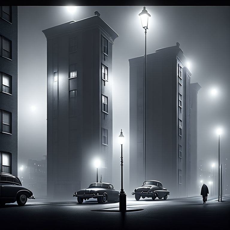 Solitary figure walking on misty, dimly-lit street surrounded by tall buildings and vintage cars