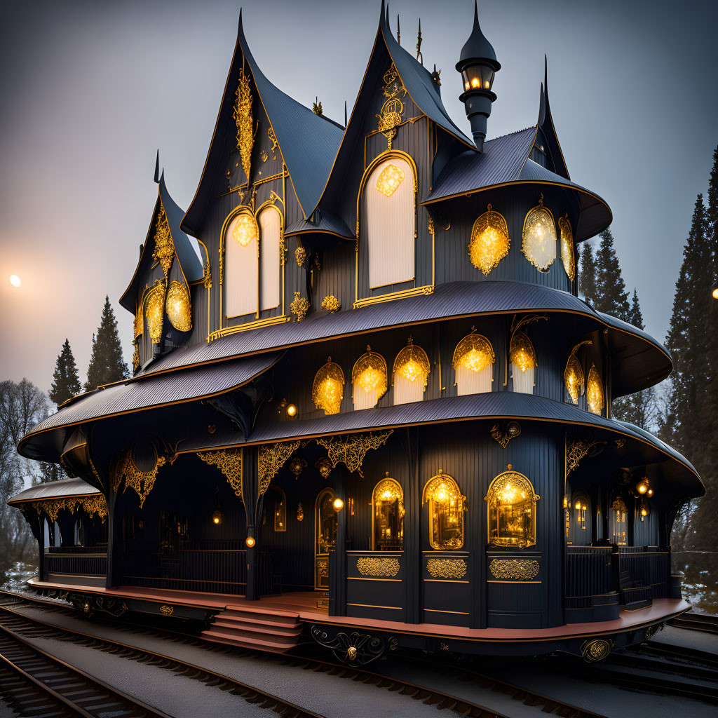 Gothic-style Train Station with Twilight Sky Ambiance