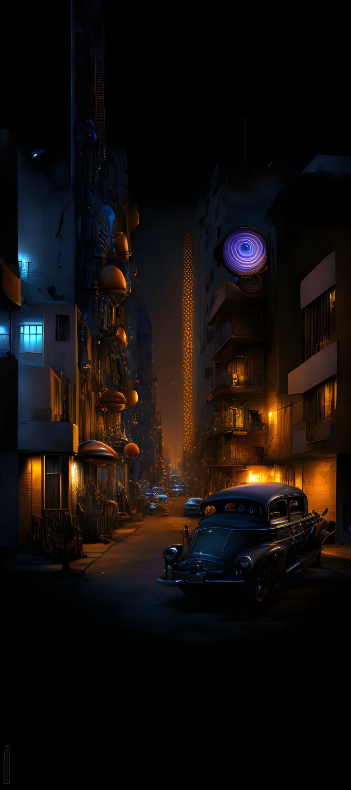 Vintage Car on Dimly Lit Street in Noir-style Nighttime Cityscape