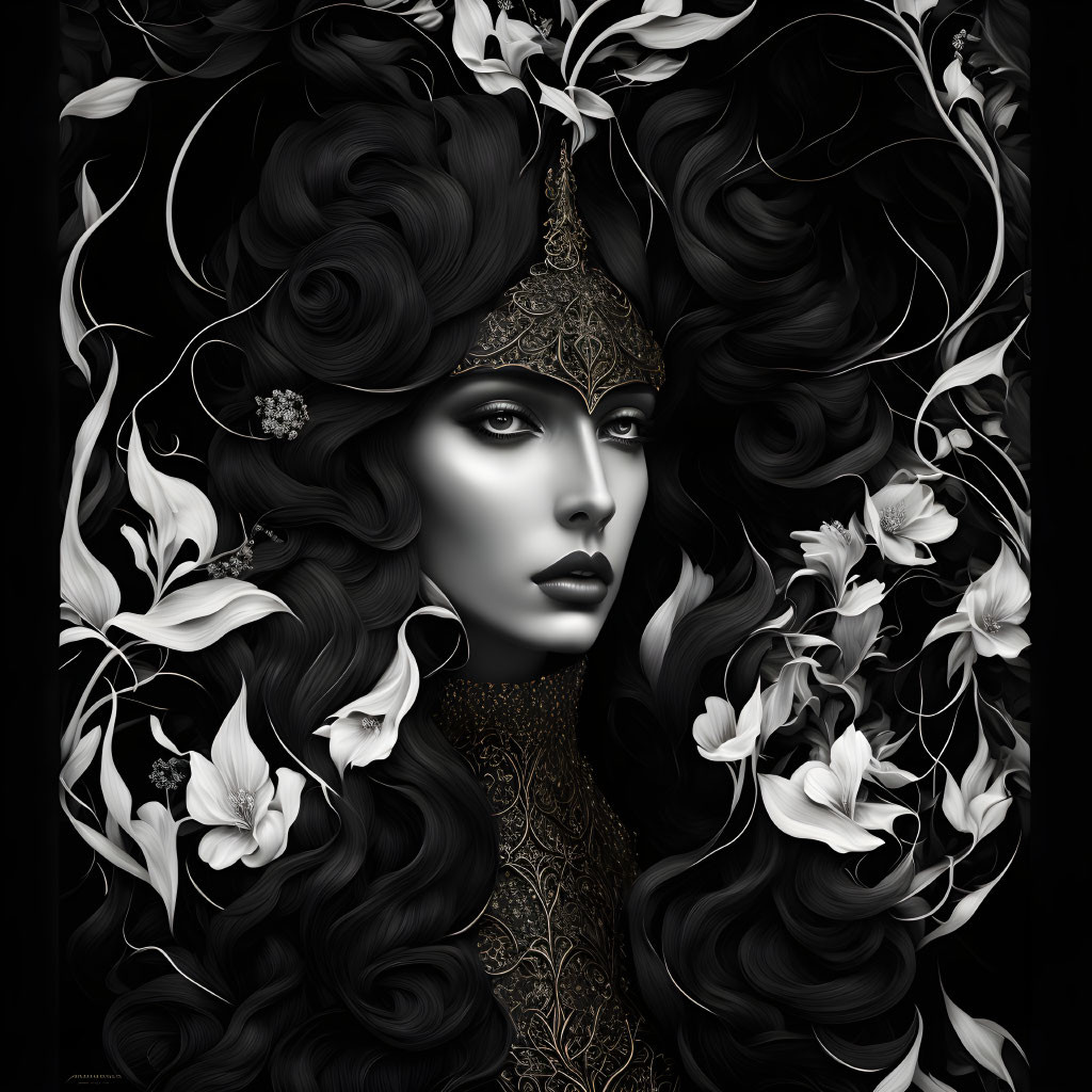 Monochromatic artwork of woman with elaborate curly hair and floral headpiece