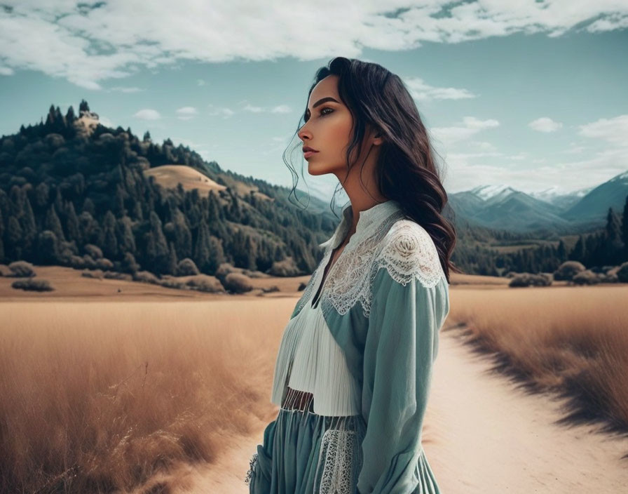 Vintage-dressed woman in field with forested hill and mountains under cloudy sky