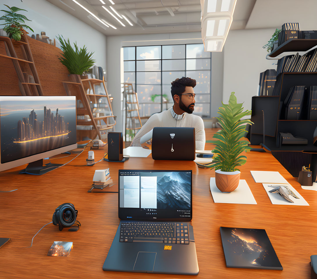 Modern Office Scene with 3D Male Figure and Tech Gadgets