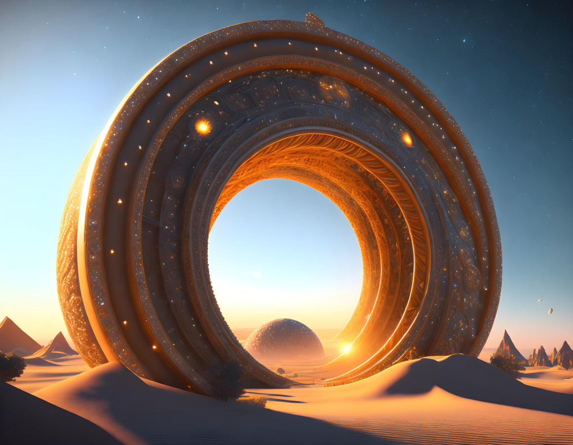 Massive futuristic ring in desert with pyramids, planet aligned at dusk