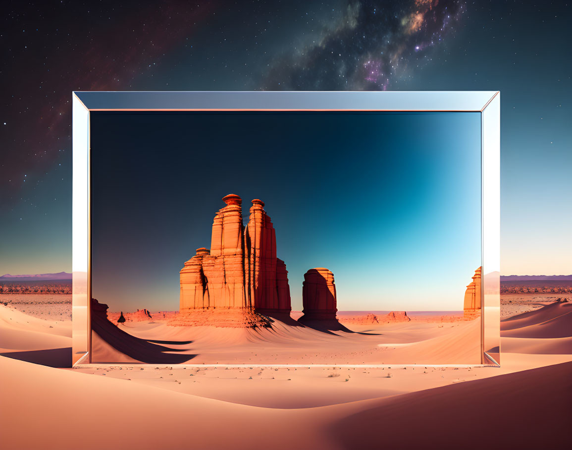 Surreal desert landscape with portal frame and starry night sky