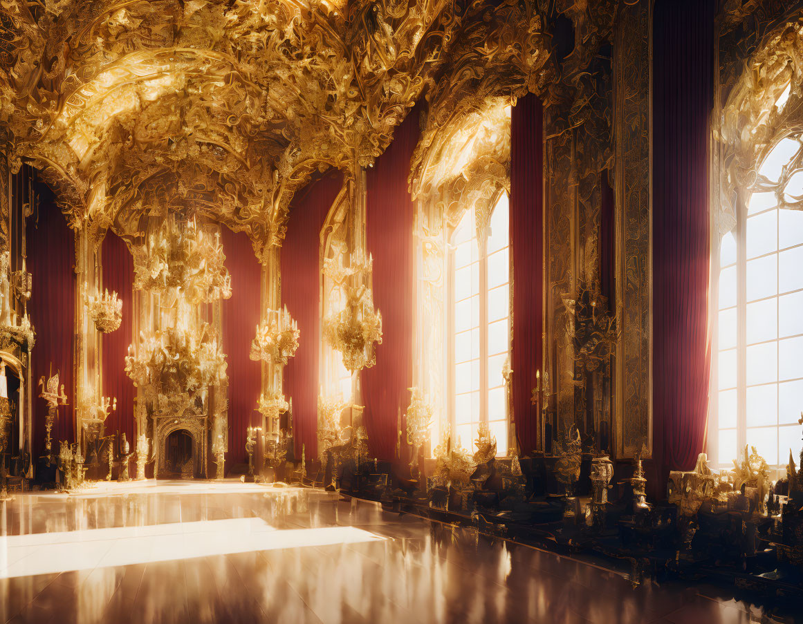 Opulent golden hall with intricate ceilings and chandeliers