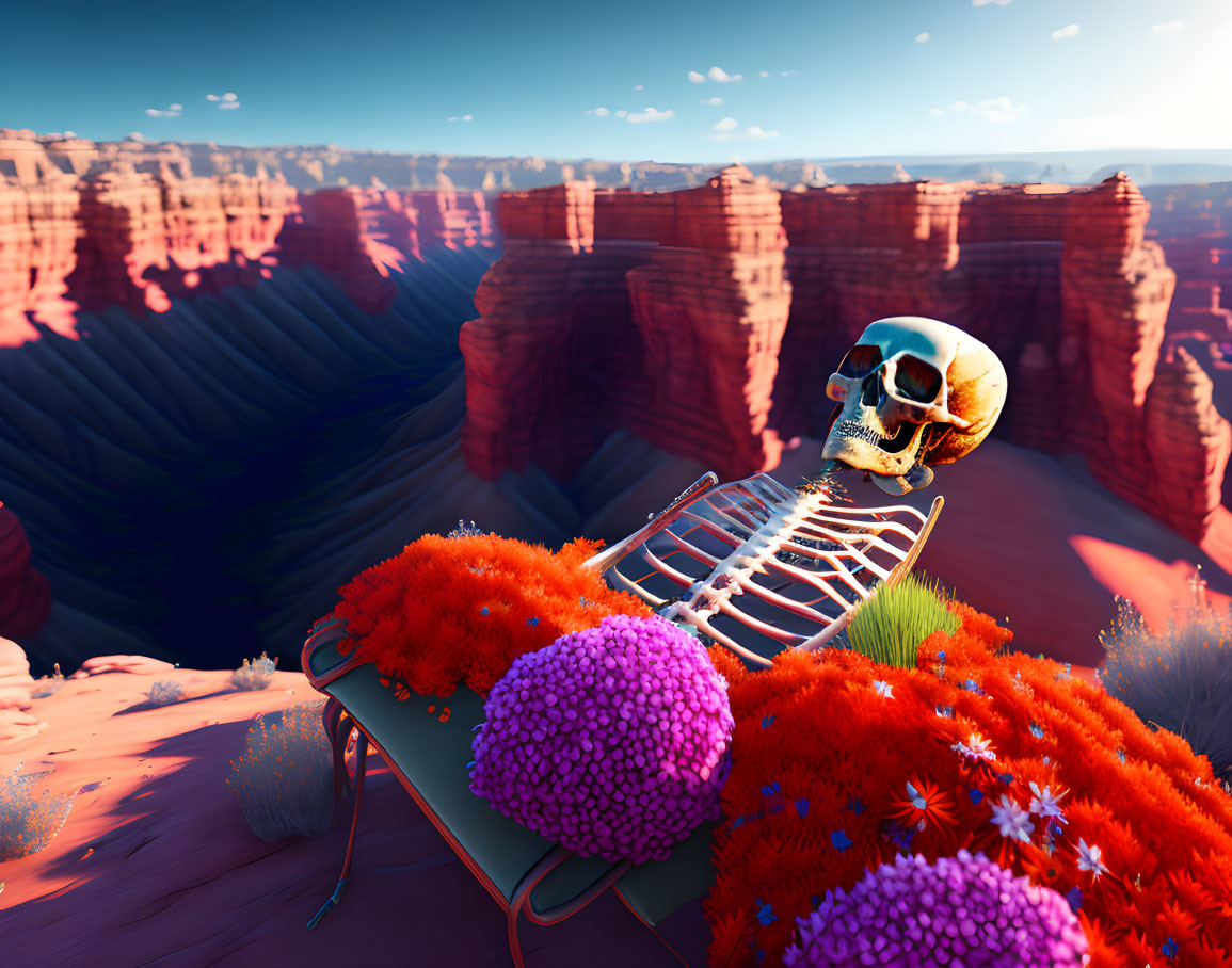 Skeleton lounging in colorful flora with canyon backdrop