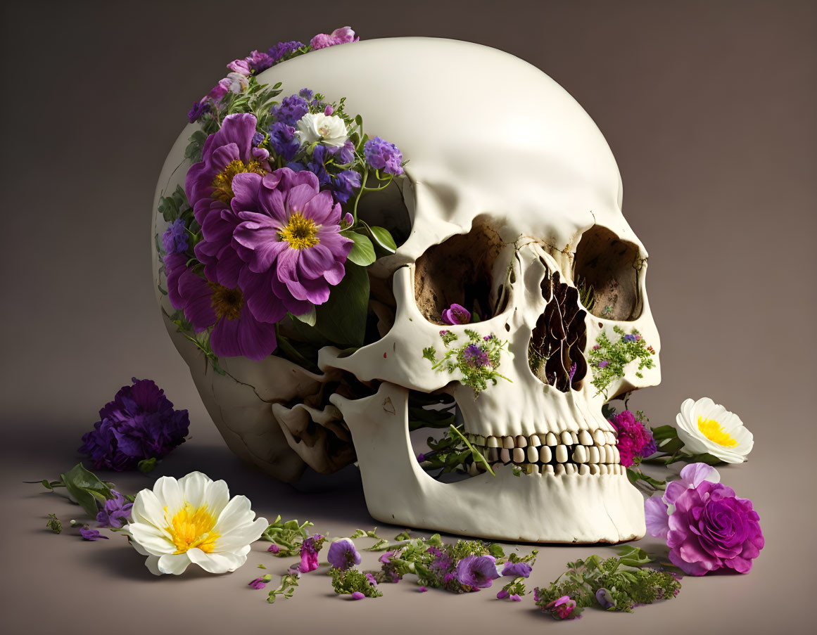 Skull decorated with purple and white flowers symbolizing life and death contrast