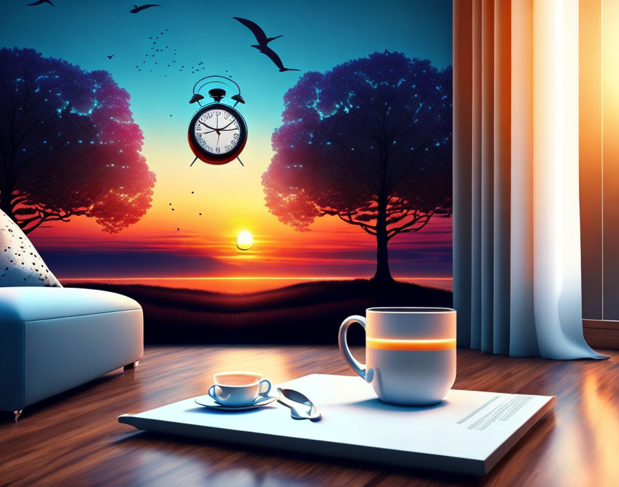 Surreal indoor scene with sunset view, floating clock, birds, trees, coffee cup, and