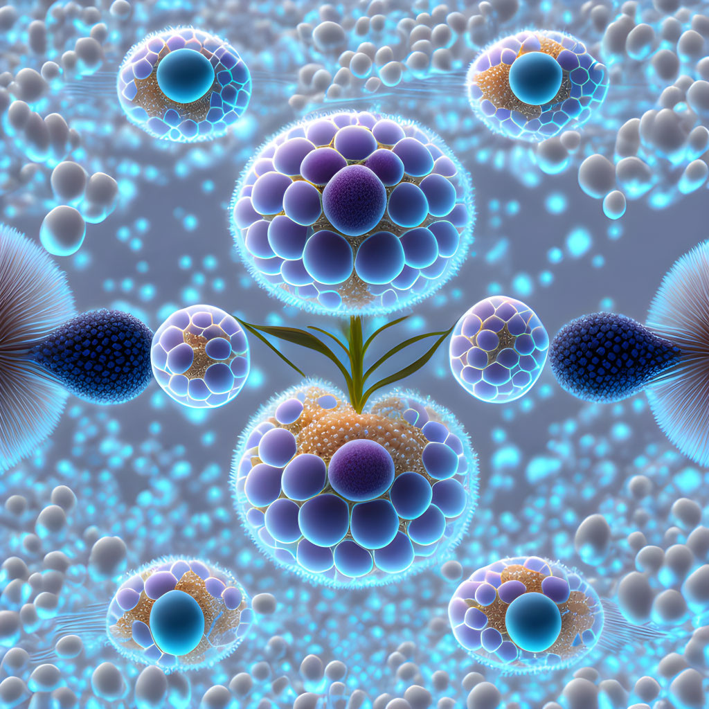 Symmetrical blue and purple cell particles in digital art