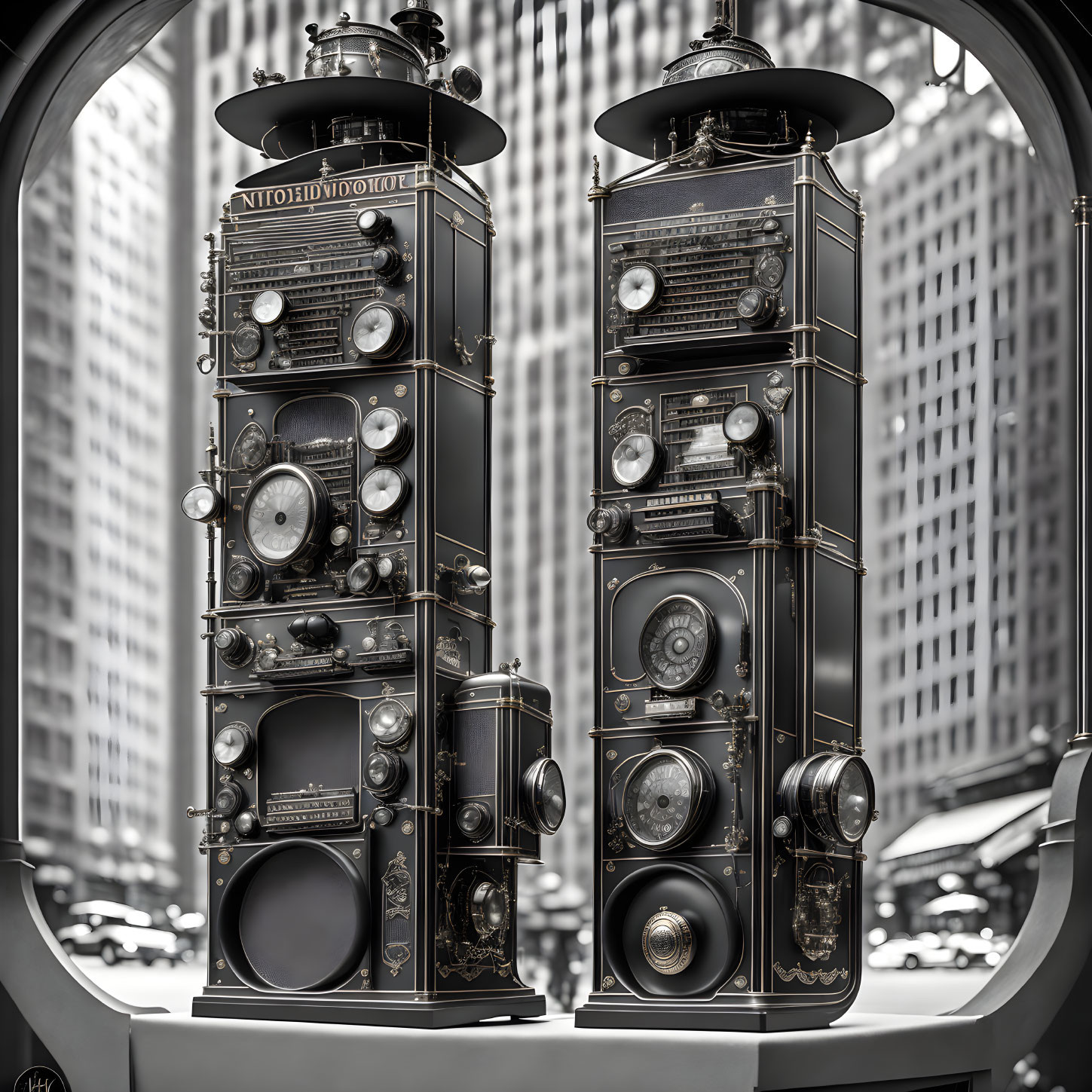 Classic Audio Equipment Towers with Dials and Speakers Against Cityscape