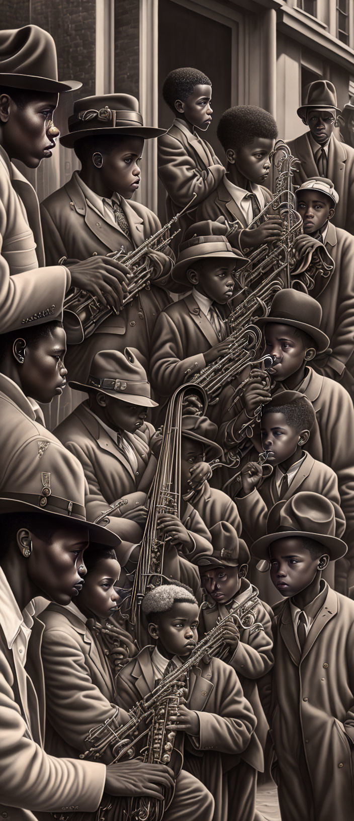 Monochrome illustration of vintage jazz band playing brass instruments