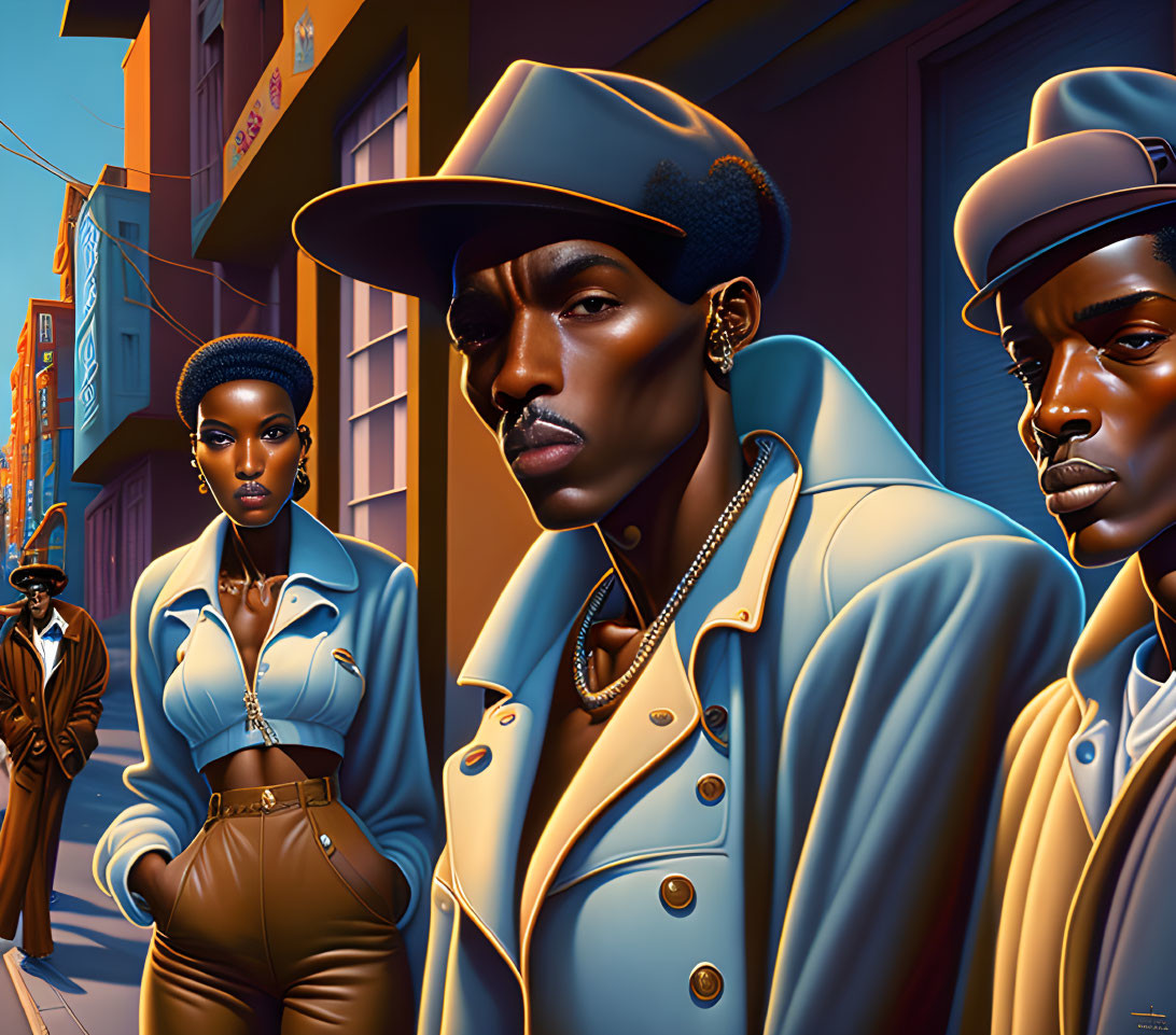 Stylized individuals in vintage attire on urban street at dusk