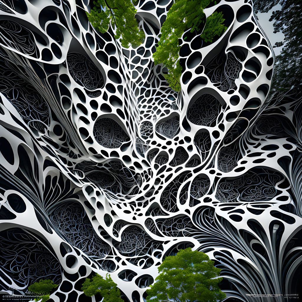 Abstract black and white pattern with organic shapes and fractal designs, surrounded by green treetops.