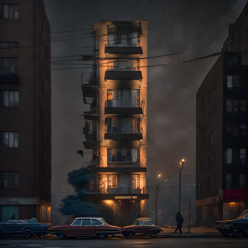 Night scene with narrow illuminated building, vintage cars, lone pedestrian.