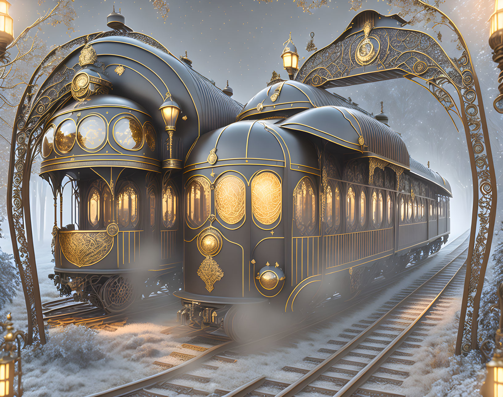 Vintage-Style Train with Ornate Gold Embellishments in Snowy Setting