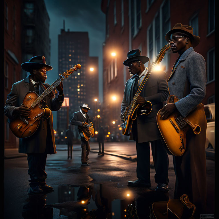 Four jazz musicians with guitars and a saxophone on a dimly lit street at night