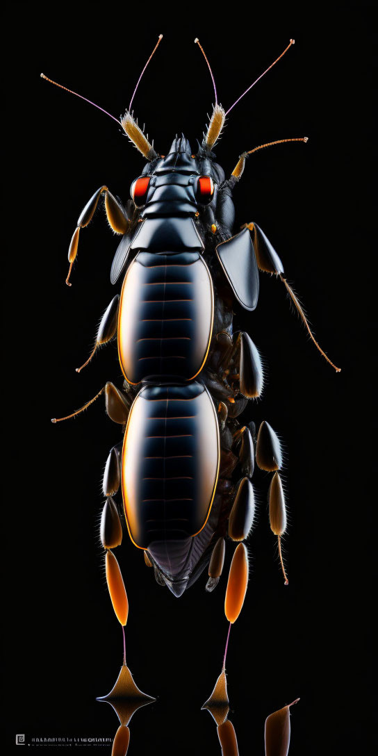 Detailed Close-Up of Shiny Black Beetle with Orange Accents