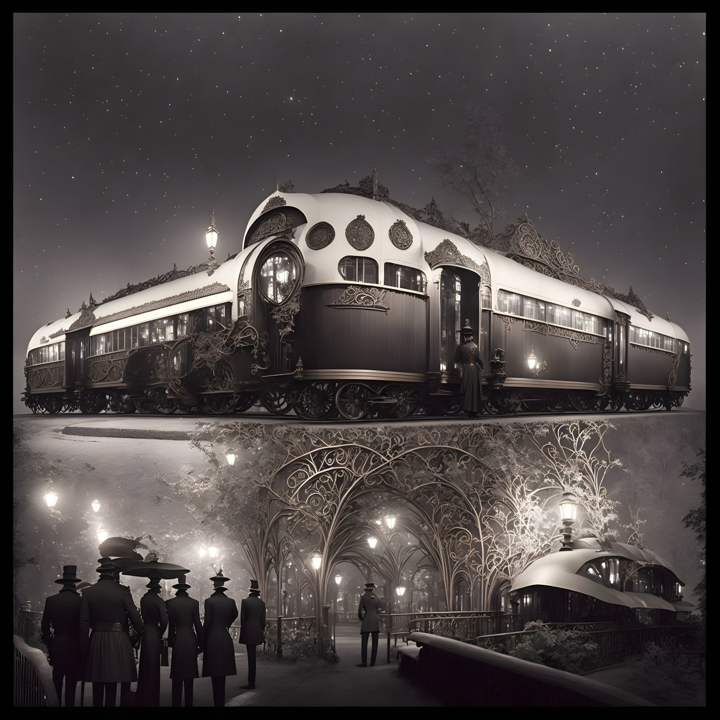 Snowy night vintage-style train platform with passengers and lamp posts.