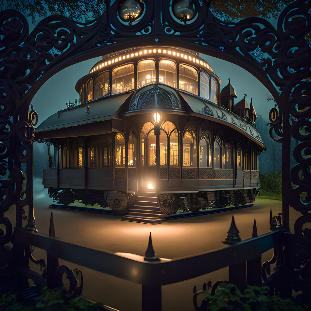 Victorian-style gazebo at twilight in tranquil garden setting