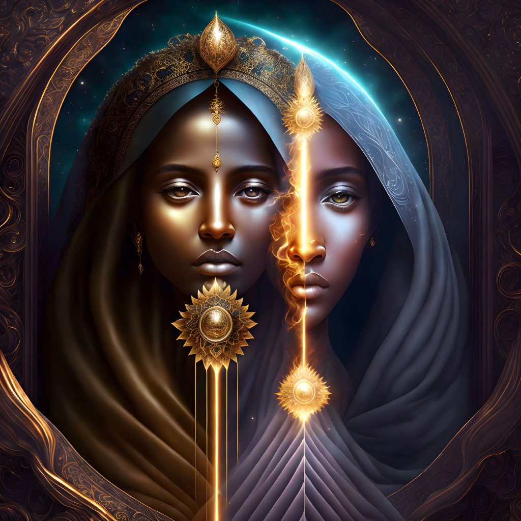 Symmetrical image: Dark-skinned women, golden headpieces, light beam, intricate blue background