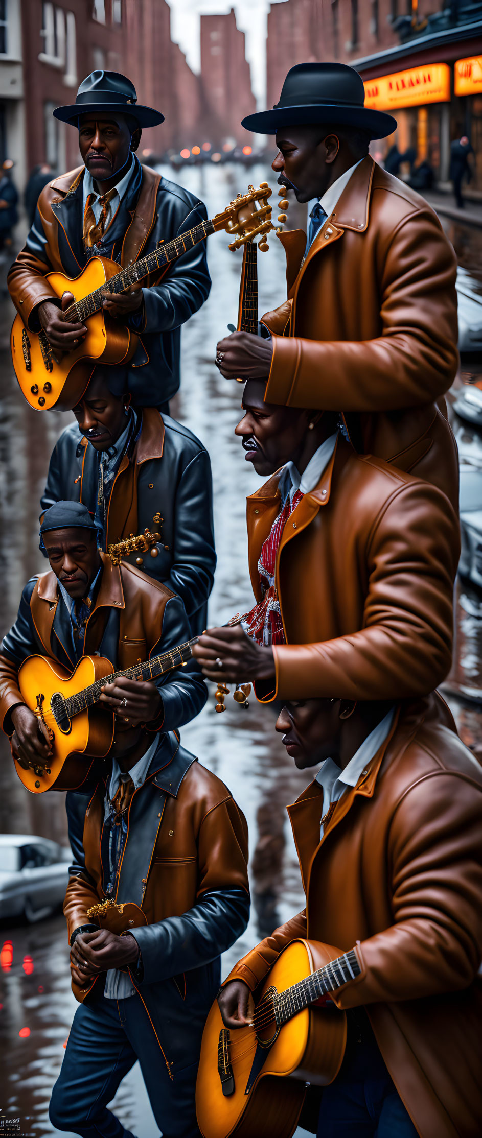 Stylish man playing guitar in city street reflections