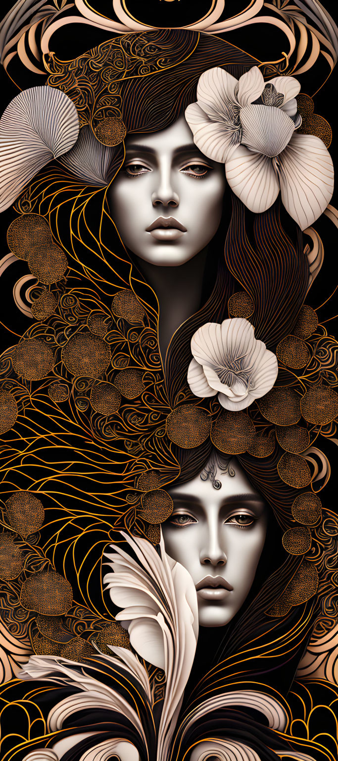 Stylized women with gold and white floral patterns on black - Art Nouveau aesthetic