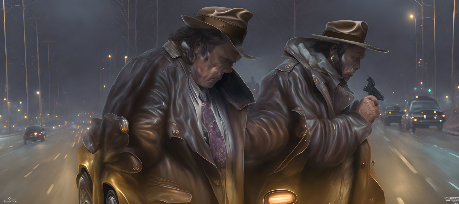 Two men in trench coats and fedoras by car at night on busy street.