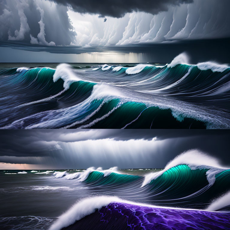 Stormy Ocean Waves Digital Collage with Dramatic Lighting