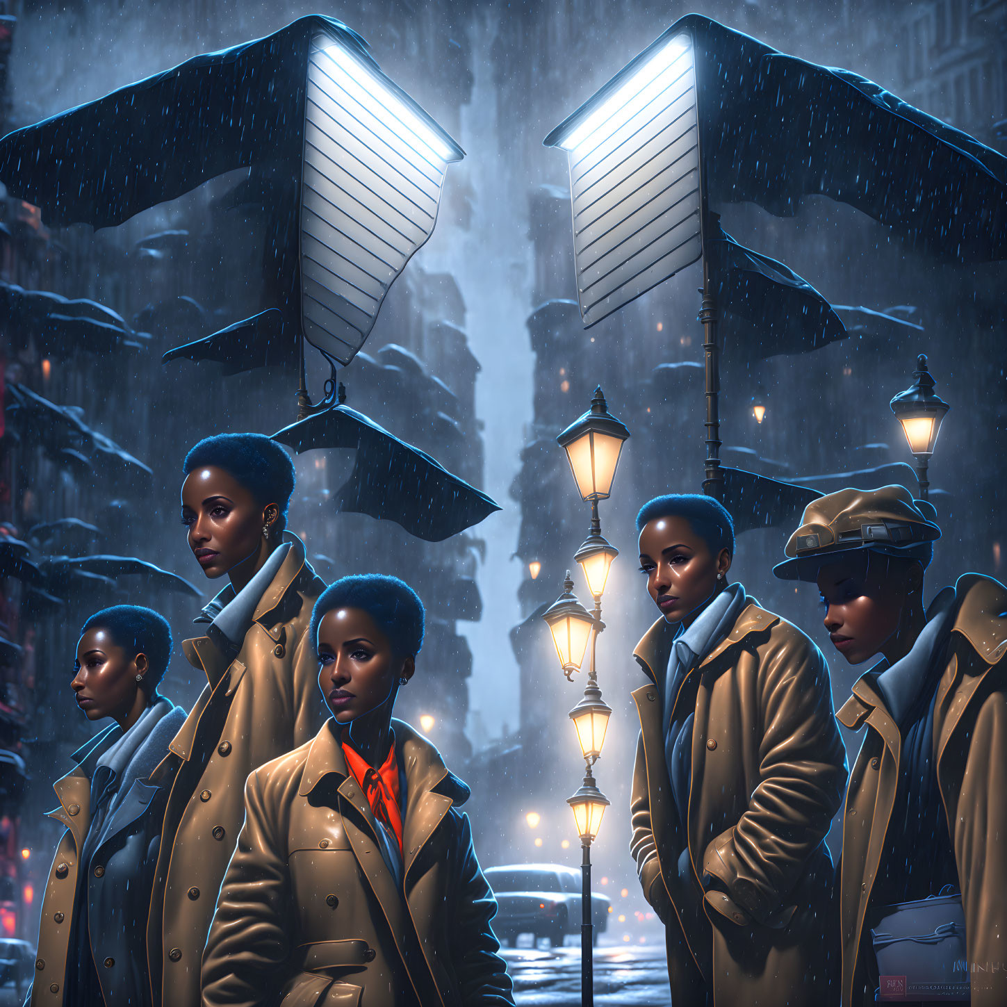 Stylized images of woman in trench coat against snowy cityscape