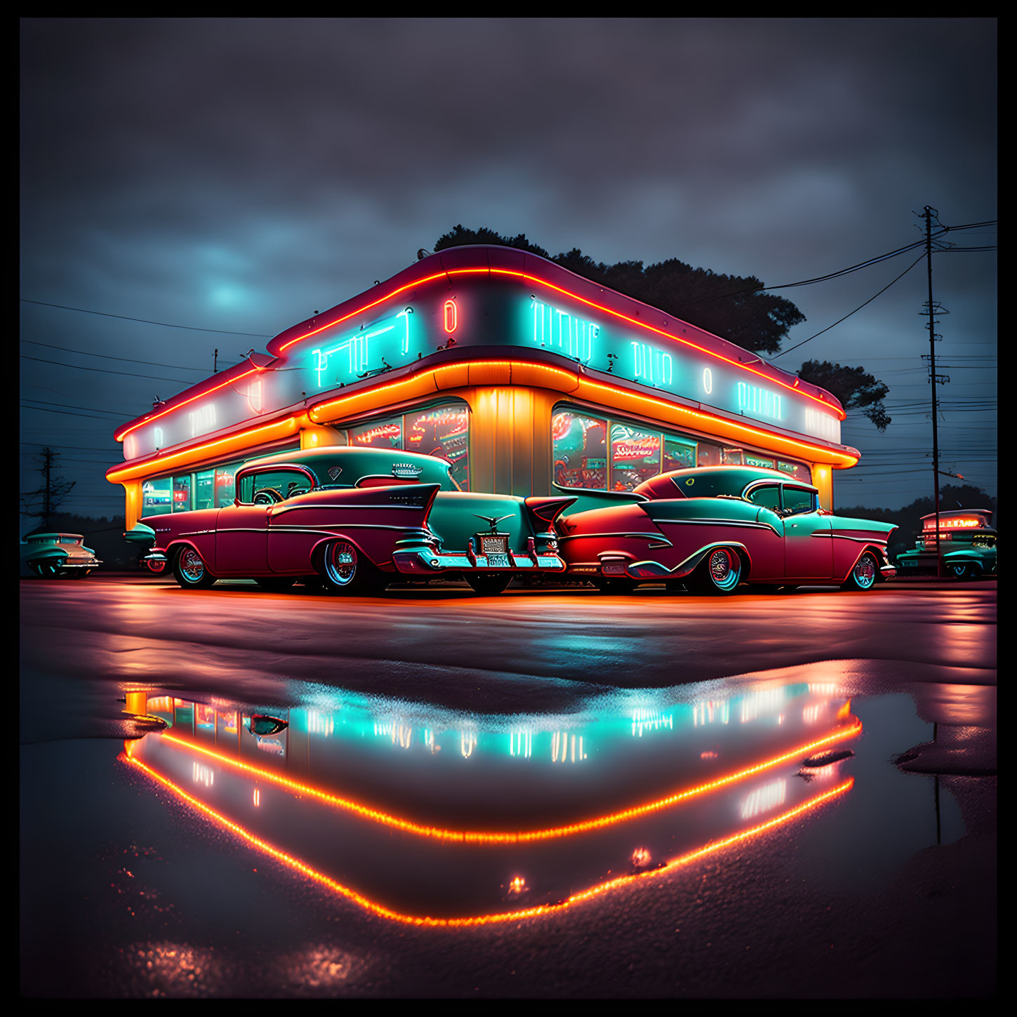 Retro diner with neon lights, classic cars, and wet pavement at twilight