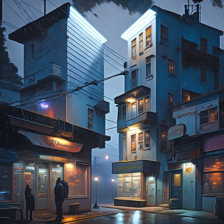 Rainy Night Scene: Neon-Lit Buildings, Lone Figure with Umbrella