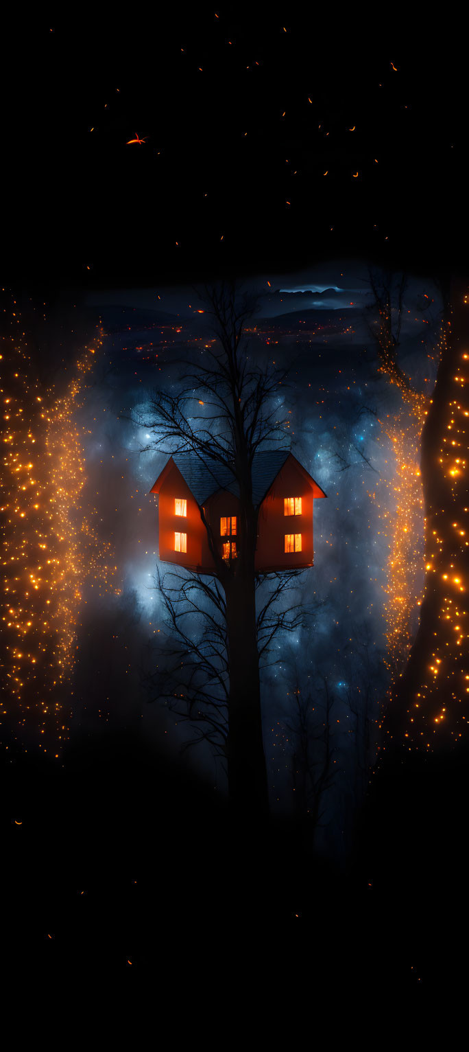 Treehouse with Glowing Red Windows in Mystical Night Sky