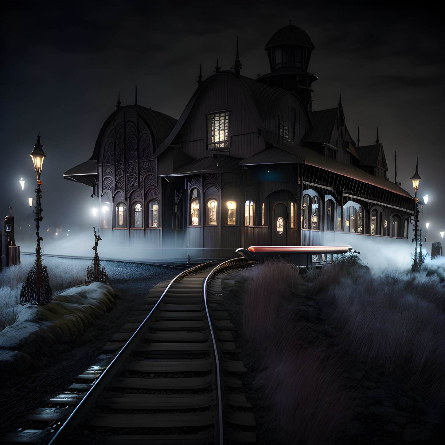 Victorian-style building by railway tracks in misty night scene