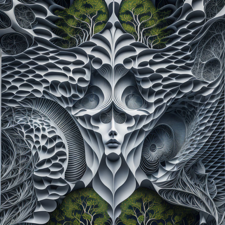 Symmetrical grayscale face with nature patterns and trees