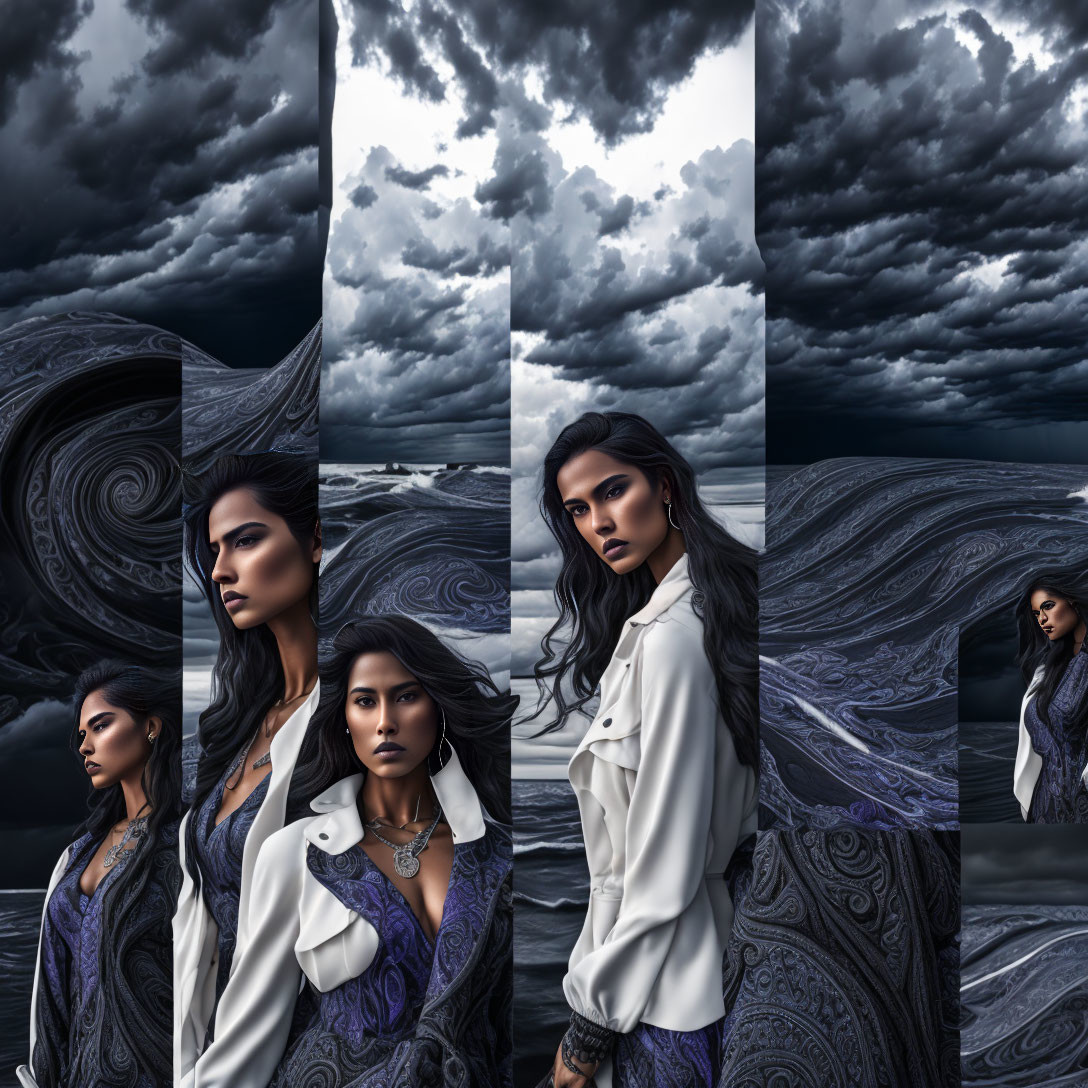 Dark-haired woman in various poses against stormy skies and ocean waves