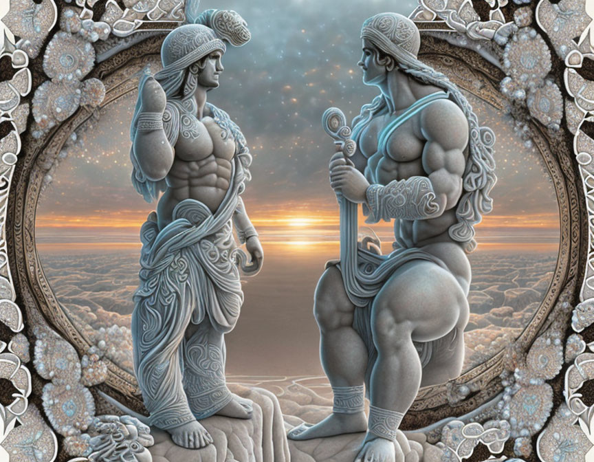 Mythical stone figures in ornate frames with ocean sunset.